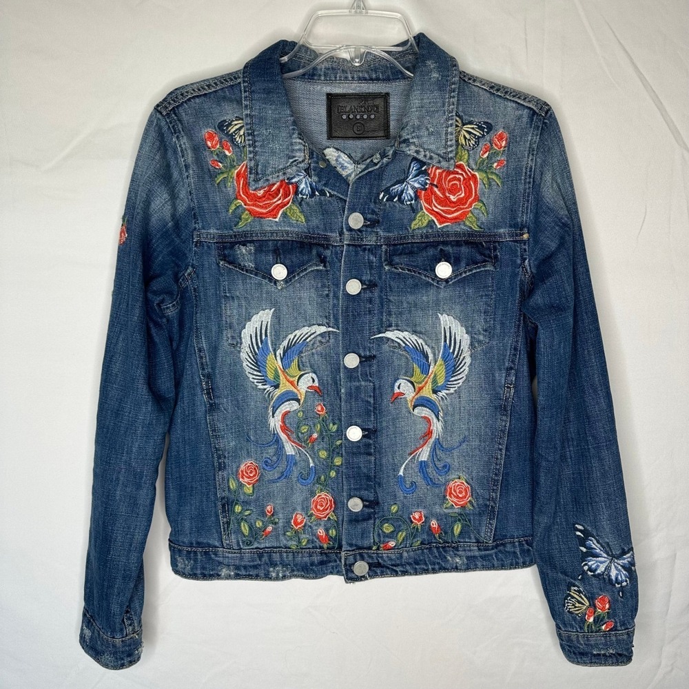 BlankNYC Embroidered Denim Jacket Small Blue Floral Bird Trucker